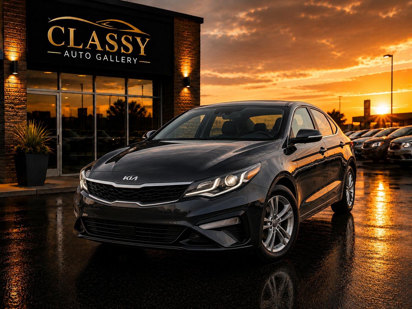 Classy Auto Gallery used car dealership showroom at sunset in Saskatoon